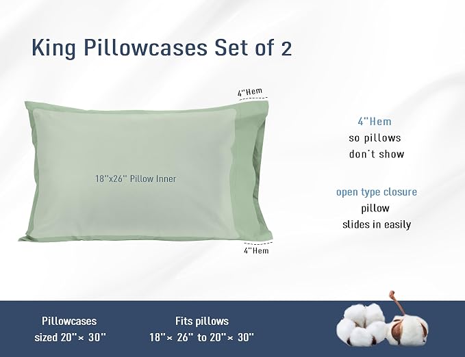 Pillow Cases, King Size Cotton Percale Weave Pillowcases, Pre-Shrunk Breathable - Image 3