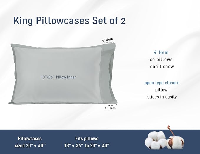 Pillow Cases, King Size Cotton Percale Weave Pillowcases, Pre-Shrunk Breathable - Image 3