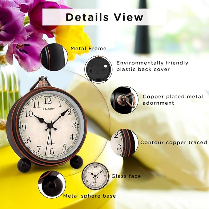 Peakeep 4" Small Battery Operated Antique Retro Analog Alarm Clock - Image 3