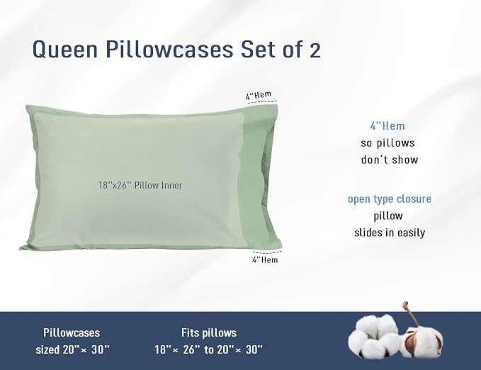 Pillow Cases, Standard Queen Size Cotton Percale Weave Pillowcases, Pre-Shrunk - Image 3