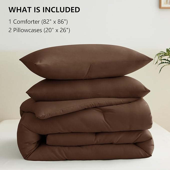 CozyLux Full Size Comforter Set Brown, 3 Pieces Solid Breathable Quilted - Image 7
