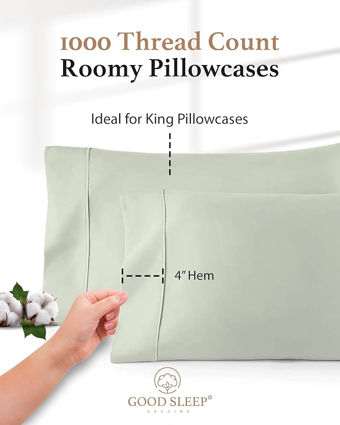1000 TC Sage King Pillowcases Set of 4 100% Egyptian Cotton Pillow Cases - Image 3