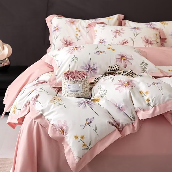 MKXI Garden Floral Duvet Cover Pink Princess Bedding White Aesthetic Duvet - Image 2