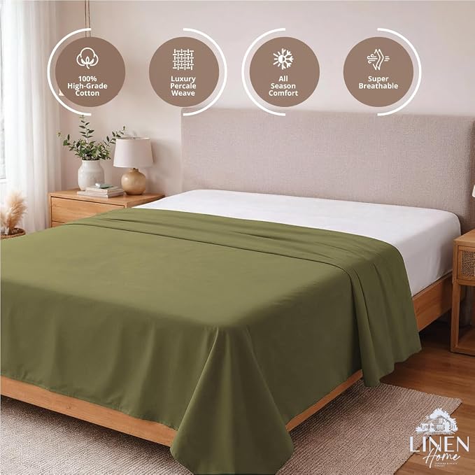Linen Home 100% Cotton Percale 1 Flat Sheet, King Size - Image 2