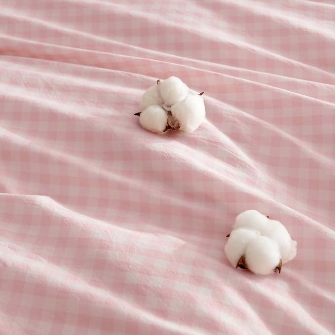 Nayoroom Gingham Duvet Cover Queen Size 100% Washed Cotton Pink Plaid Checkered - Image 5