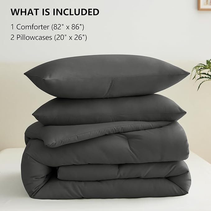 CozyLux Full Size Comforter Set Dark Grey, 3 Pieces Solid Breathable Quilted - Image 6