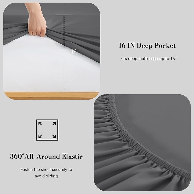 Queen Sheet Set 4 Pieces, Wrinkle Free, Oeko-Tex Certified Bedsheets，Dark Grey - Image 3