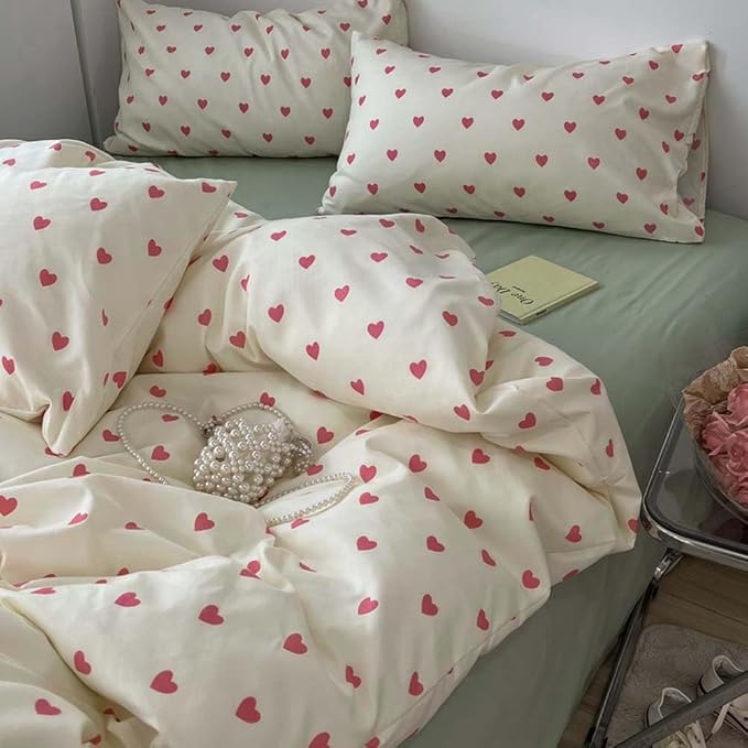 Nayoroom Heart Duvet Cover Full Size Kawaii Pink Heart Printed on Cream White - Image 4
