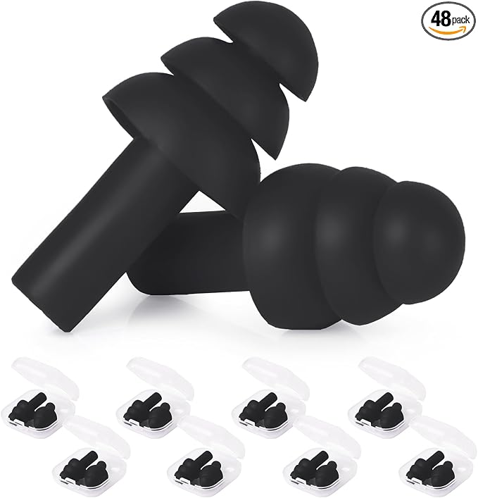 24 Pairs Black Ear Plugs Bulk NRR 29dB Reusable Silicone Ear Plugs by AIOMOB