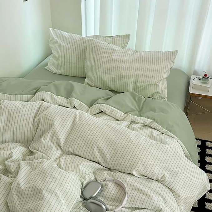 Nayoroom Green Striped Duvet Cover Queen Size 100% Washed Cotton Duvet Cover - Image 2