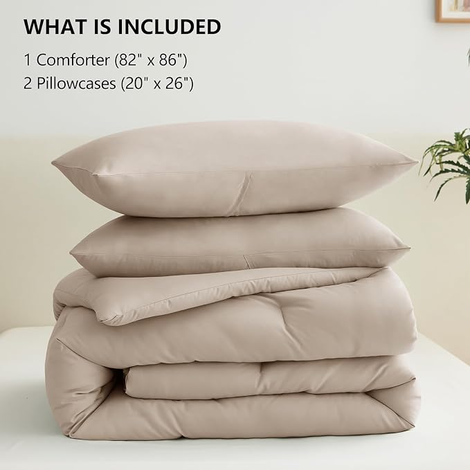 CozyLux Full Size Comforter Set Wheat, 3 Pieces Solid Breathable Quilted - Image 6