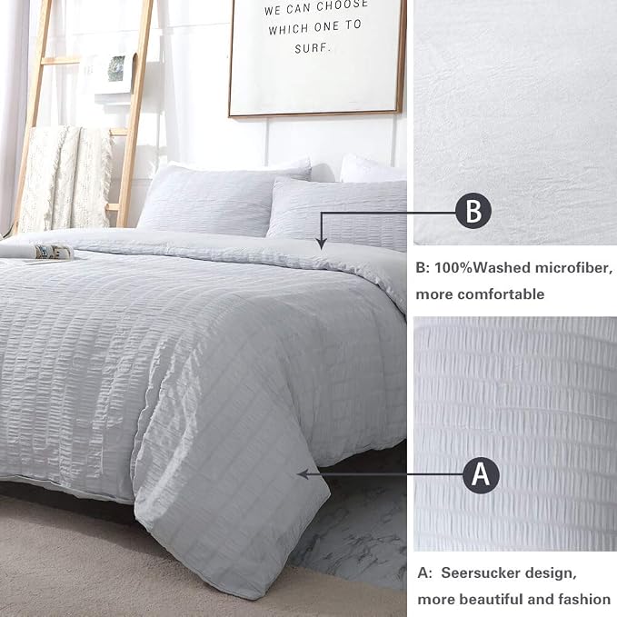 AveLom Light Gray Duvet Cover King, 3 Pieces, Seersucker Striped Soft Washed - Image 7