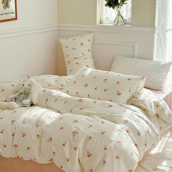 Nayoroom Pink Floral Duvet Cover Queen Size Cute Tulip Printed on White - Image 2