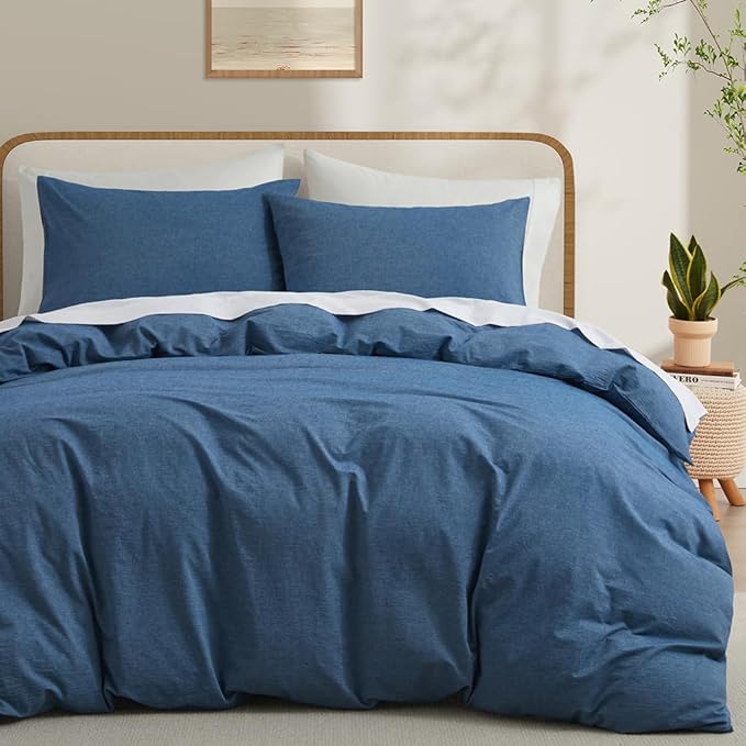 LOVQUE 100% Washed Cotton Duvet Cover Queen Size, Denim Blue Fade-Resistant by LOVQUE