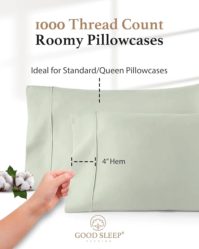 1000 TC Sage Standard Pillowcases Set of 4 100% Egyptian Cotton Pillow Cases - Image 3