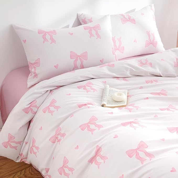 Nayoroom Pink Bow Duvet Cover Queen Size Heart Duvet Cover Coquette Bedding Set - Image 5