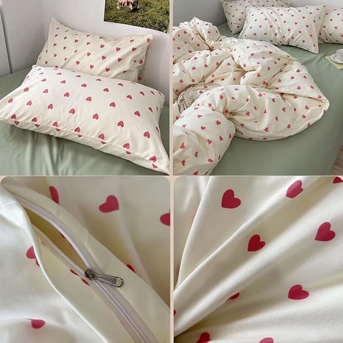 Nayoroom Heart Duvet Cover Full Size Kawaii Pink Heart Printed on Cream White - Image 7