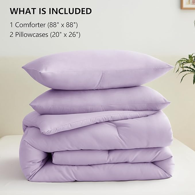 CozyLux Lavender Queen Comforter Set, 3 Pieces Light Purple Solid Breathable - Image 6