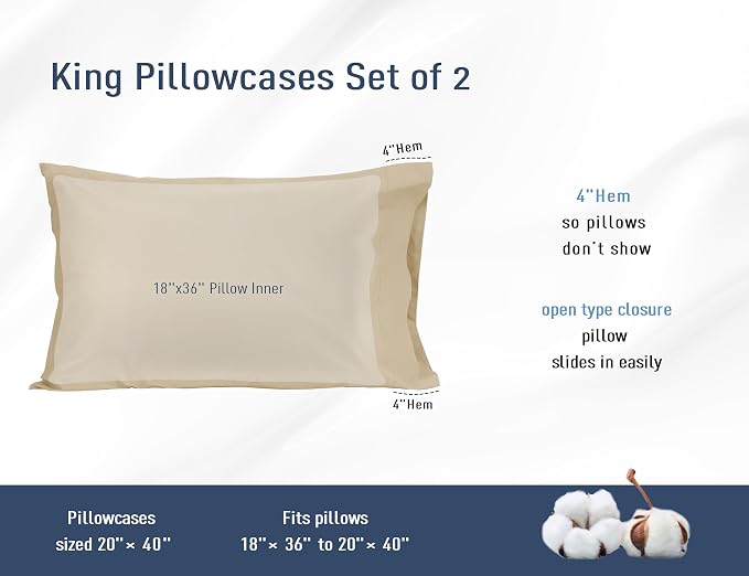 Pillow Cases, King Size Cotton Percale Weave Pillowcases, Pre-Shrunk Breathable - Image 3