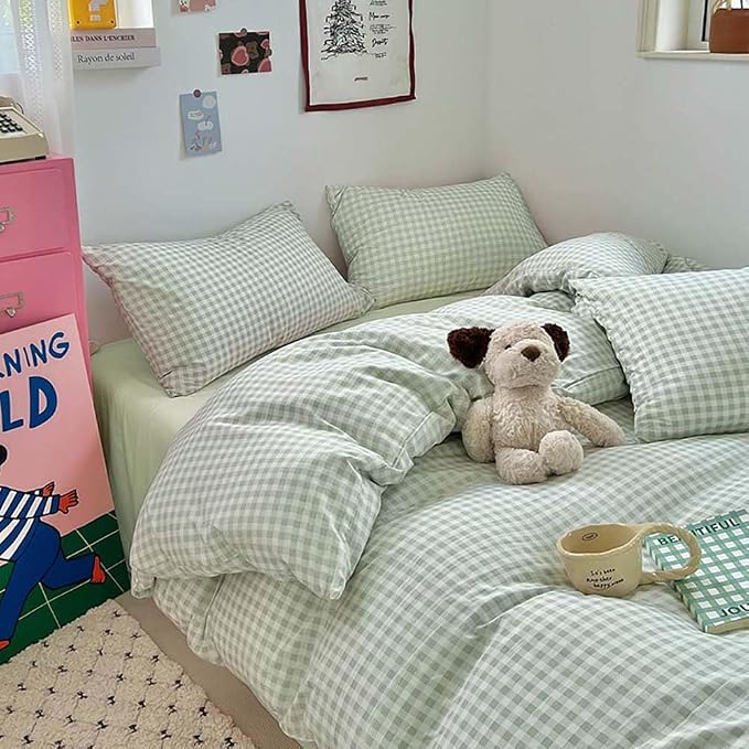 Nayoroom Green Gingham Duvet Cover Queen Size Plaid Dorm Bedding Set 3 Pieces - Image 2