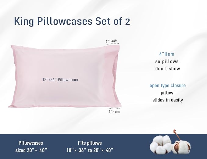 Pillow Cases, King Size Cotton Percale Weave Pillowcases, Pre-Shrunk Breathable - Image 3