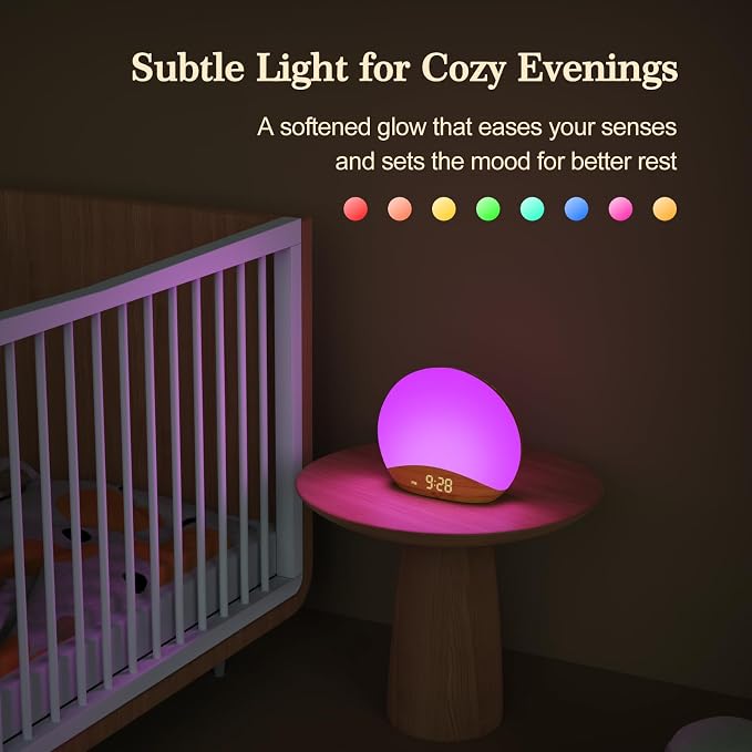 REACHER Wood Grain Sunrise Alarm Clock and Sound Machine Nightlight, Digital - Image 6