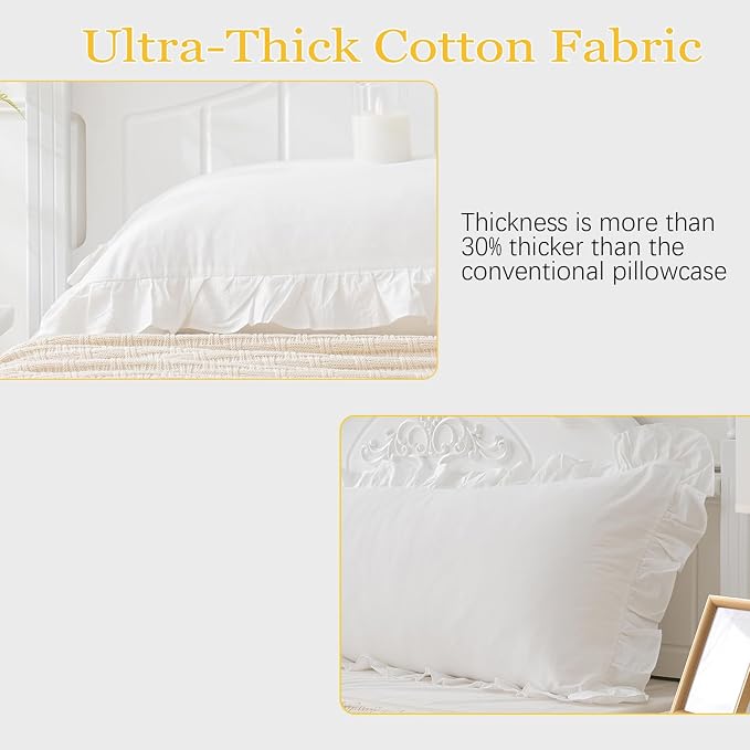 Shabby Off White Ruffle Pillow Shams Standard Size Set of 2, Washed Cotton - Image 5