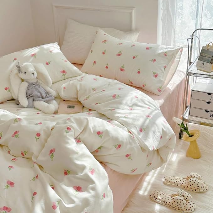 Nayoroom Pink Floral Duvet Cover Full Size Cute Tulip Printed on White by Nayoroom
