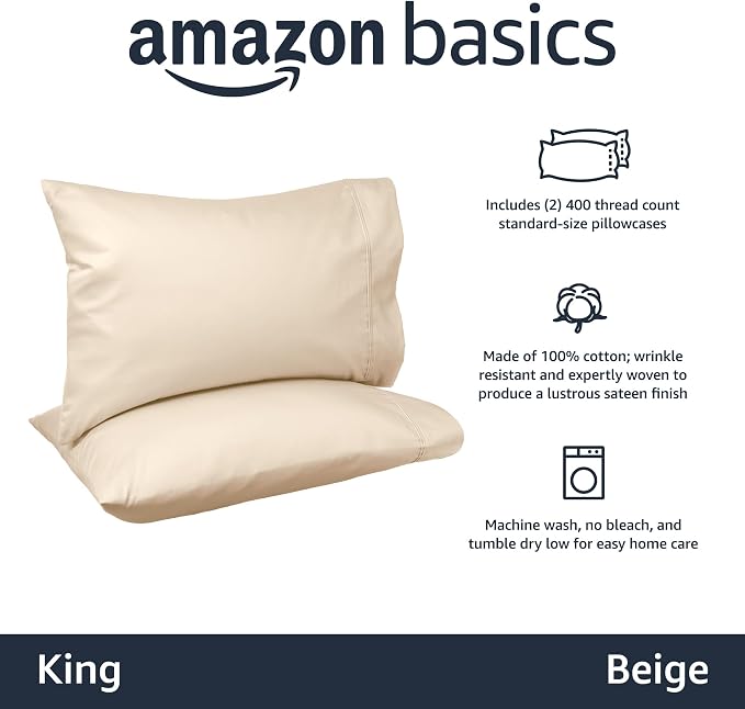 Amazon Basics 400 Thread Count Cotton Pillow Case, Pillows Not Included - Image 2