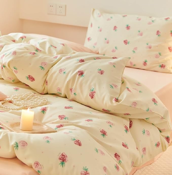 Nayoroom Strawberry Duvet Cover Set Queen Size Girls Cute Pink Strawberries - Image 2