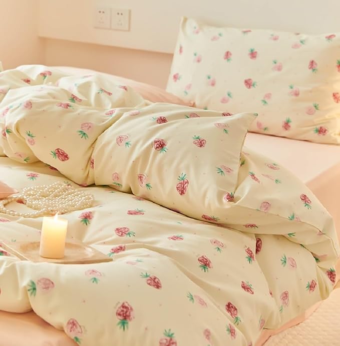 Nayoroom Strawberry Duvet Cover Set Twin Size Girls Cute Pink Strawberries - Image 2