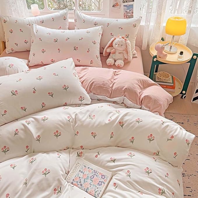 Nayoroom Pink Floral Duvet Cover Full Size Coquette Tulip Printed on White - Image 4