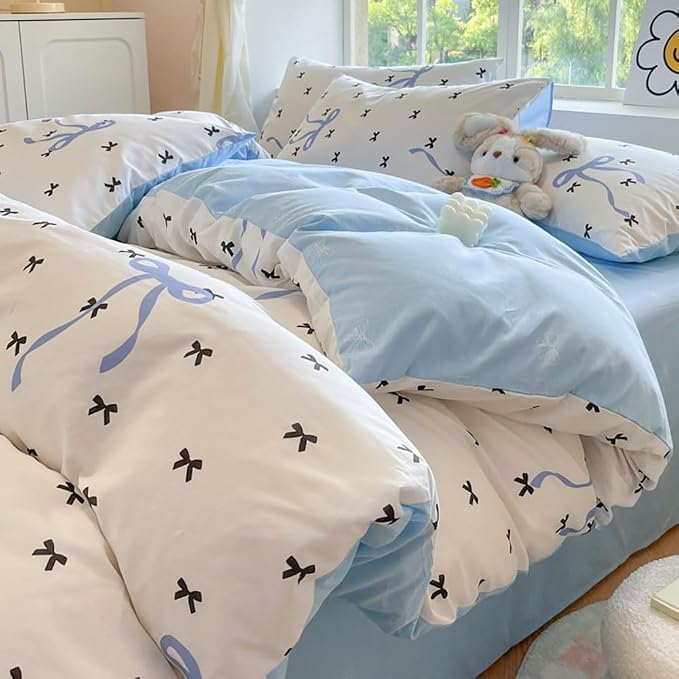 Nayoroom Blue Bow Duvet Cover Queen Size Reversible Blue Duvet Cover 3 Pieces - Image 2