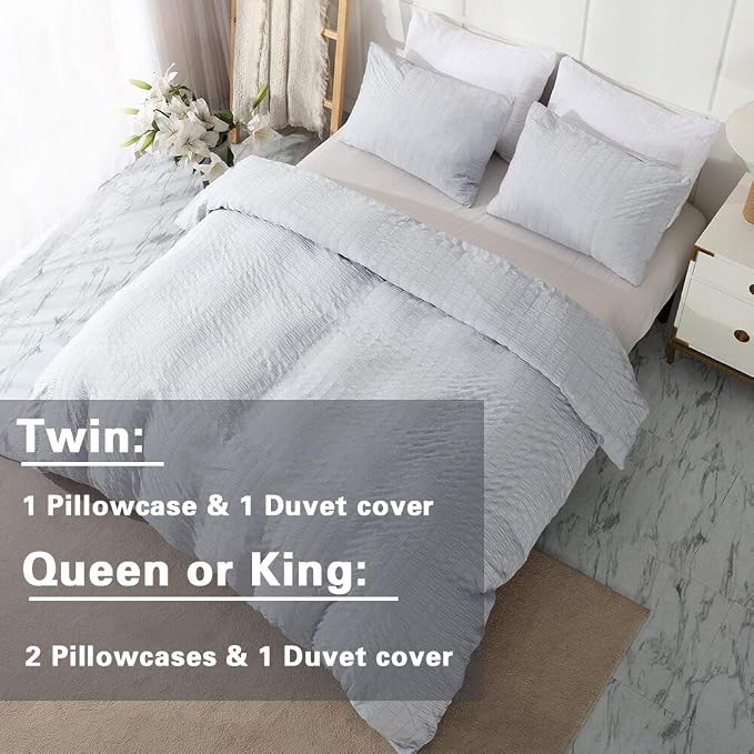 AveLom Seersucker Duvet Cover Set Queen Size, 3 Pieces, Light Gray Ultra Soft - Image 6