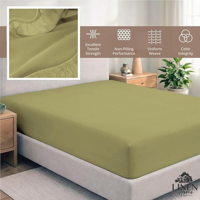 Linen Home 100% Cotton Percale Weave Fitted Sheet, King Size, Oil Green - Image 5
