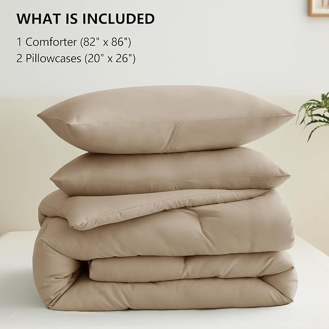 CozyLux Full Size Comforter Set Taupe, 3 Pieces Solid Breathable Quilted - Image 6