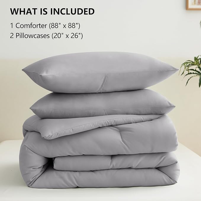 CozyLux Queen Comforter Set Grey, 3 Pieces Solid Comforters Queen Size - Image 6