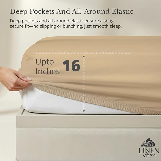 Linen Home 100% Cotton Percale Weave Fitted Sheet, Queen Size, Light Taupe - Image 2