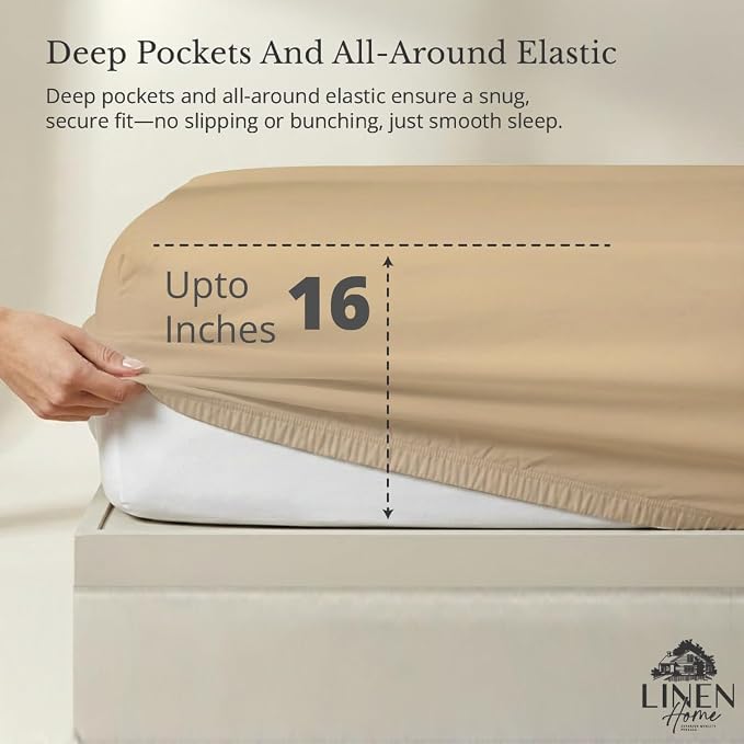 Linen Home 100% Cotton Percale Weave Fitted Sheet, King Size, Light Taupe - Image 2