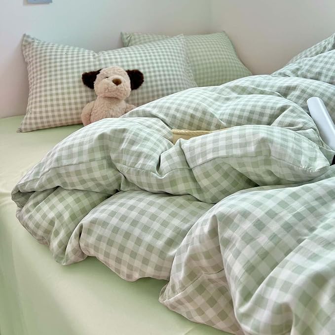 Nayoroom Green Gingham Duvet Cover Queen Size Plaid Dorm Bedding Set 3 Pieces - Image 7