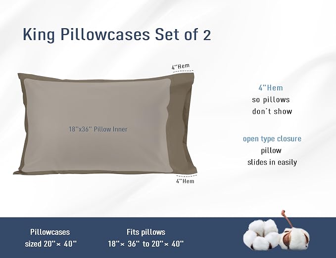 Pillow Cases, King Size Cotton Percale Weave Pillowcases, Pre-Shrunk Breathable - Image 3