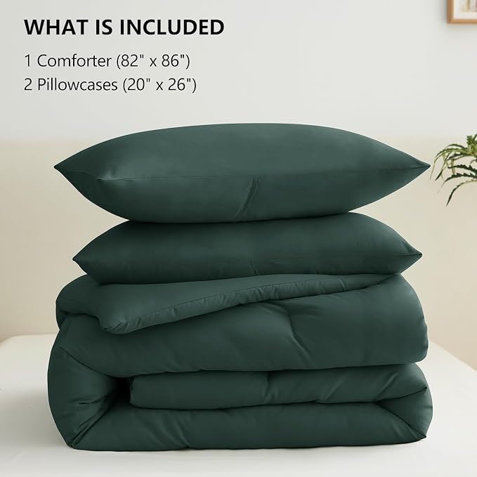 CozyLux Full Size Comforter Set Forest Green, 3 Pieces Solid Breathable Quilted - Image 6
