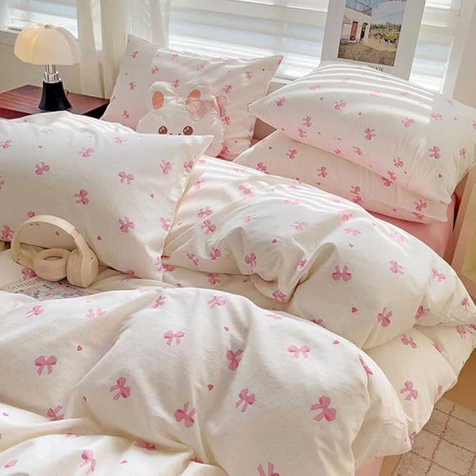 Nayoroom Pink Bow Duvet Cover Twin Size Heart Bows Printed Coquette Bedding Set - Image 6