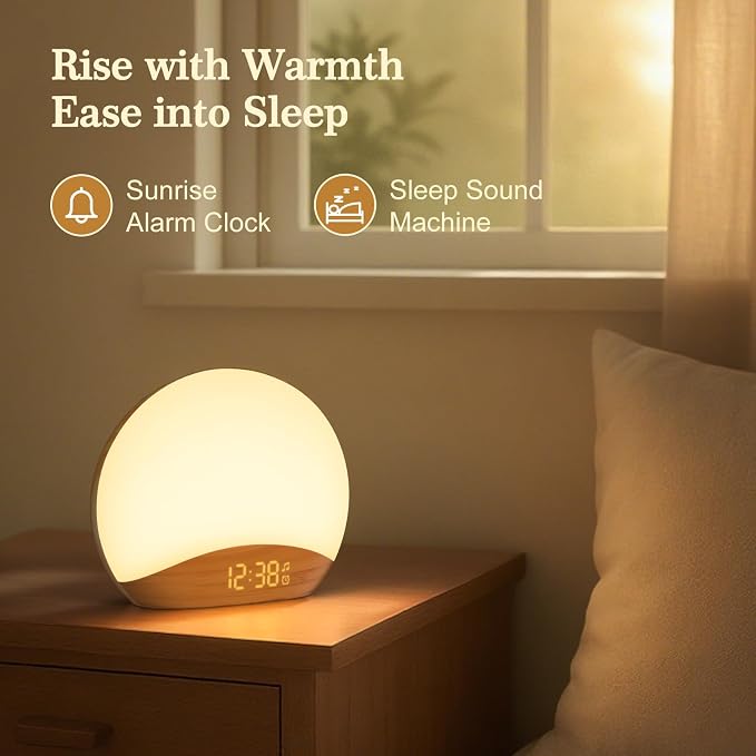 REACHER Wood Grain Sunrise Alarm Clock and Sound Machine Nightlight, Digital - Image 3