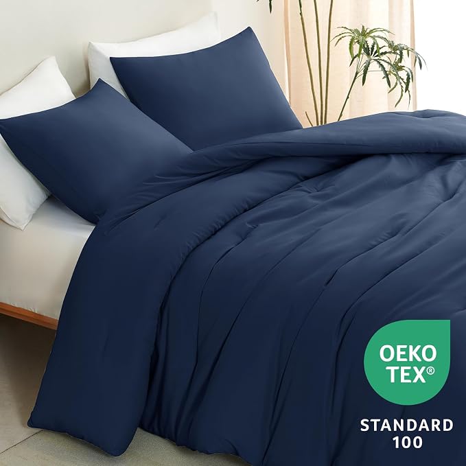 CozyLux California King Comforter Set Navy Blue, 3 Pieces Cal King Solid - Image 4