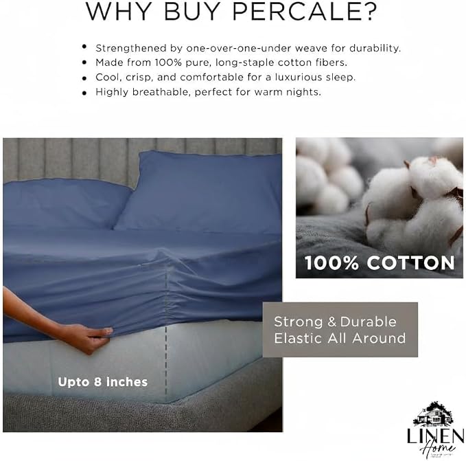 Linen Home 100% Cotton Percale Sheet Set, Queen Size, Baby Blue, Deep Pocket - Image 4