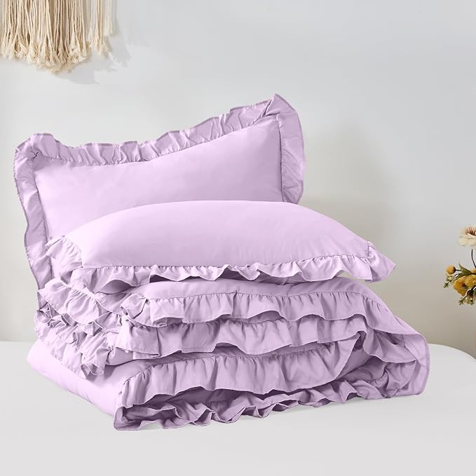 FUANNA Queen Comforter Set Lavender, 3 Pieces Ruffle Queen Bed Set, Fluffy Bed - Image 9