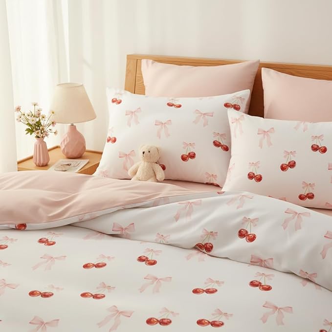 Nayoroom Pink Bow Duvet Cover Full Size Reversible Red Cherry Duvet Cover 3 by Nayoroom