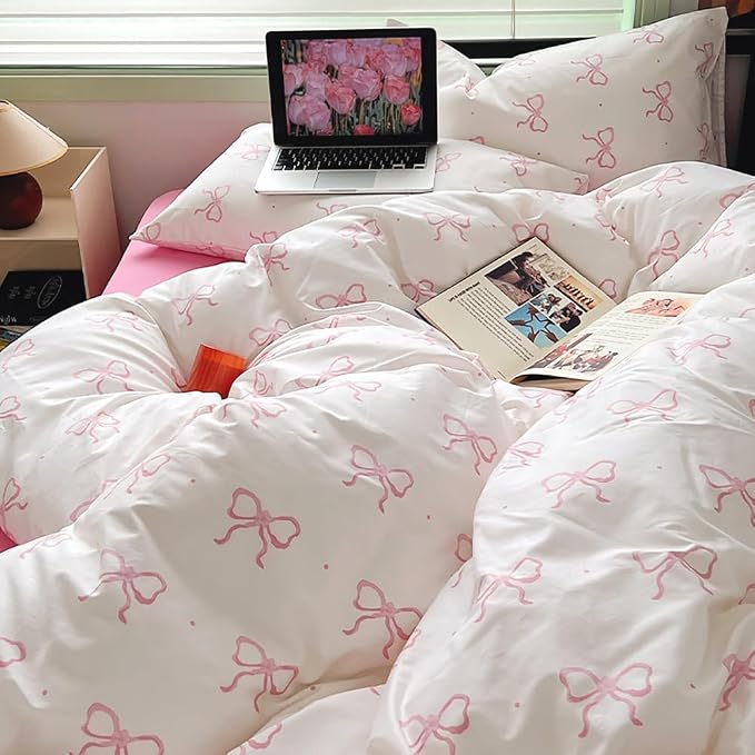 Nayoroom Pink Bow Duvet Cover Full Size Polka Dot Bowknot Coquette Duvet Cover - Image 6