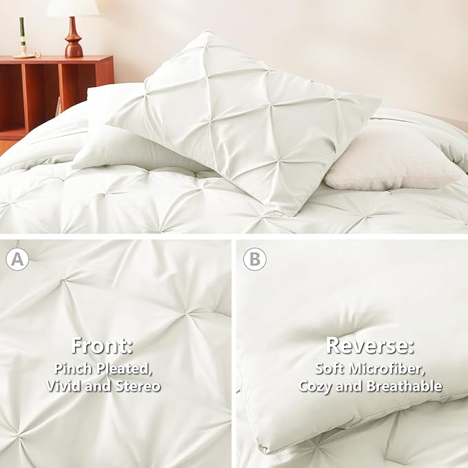 HIMEET Pintuck Bed in a Bag, 7 Pieces Full Size Comforter Set Ivory, Luxury - Image 3